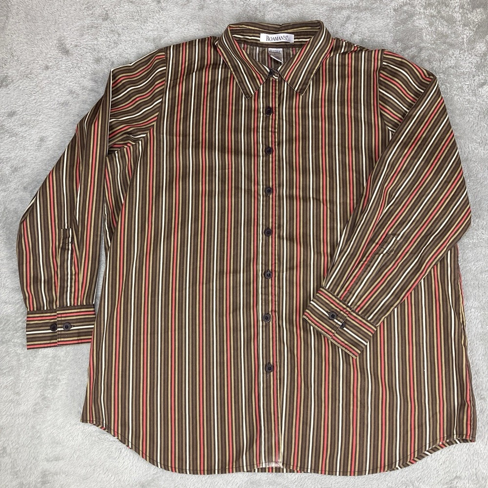 Roaman's Shirt Women's Size Medium Brown Striped Long Sleeve Retro Casual Y2K